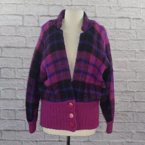 Vintage 80s Mohair Wool Plaid Cardigan Sweater
